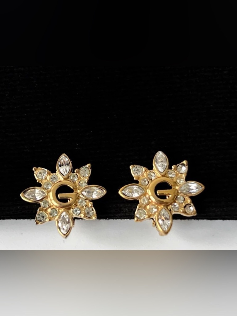 GIVENCHY Flower Crystal G Gold Plated Clip On Earrings Vintage incl box card